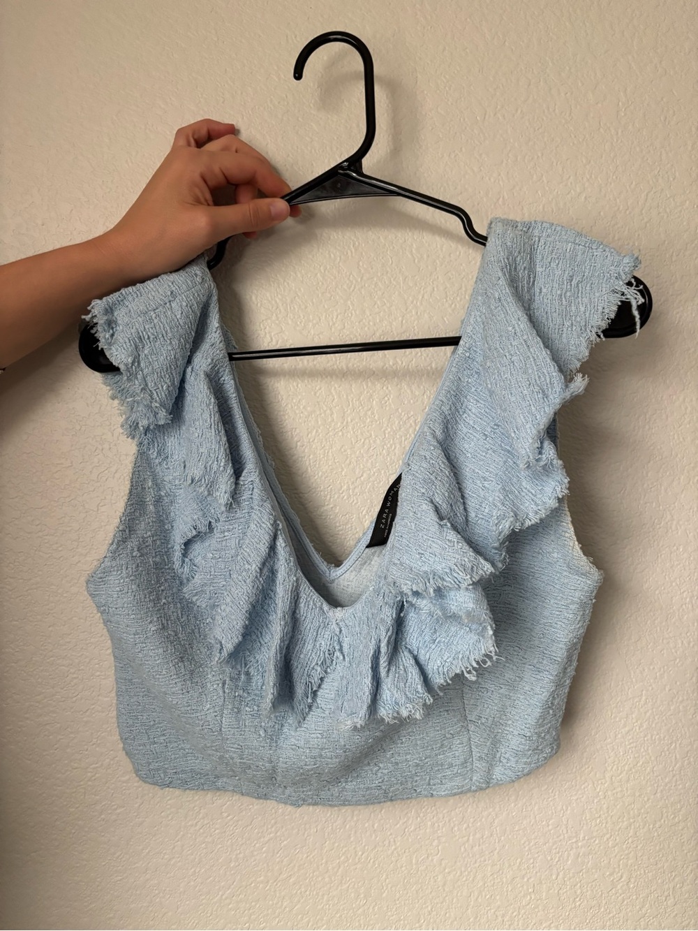 Zara Light Blue Frayed Ruffle Crop Top